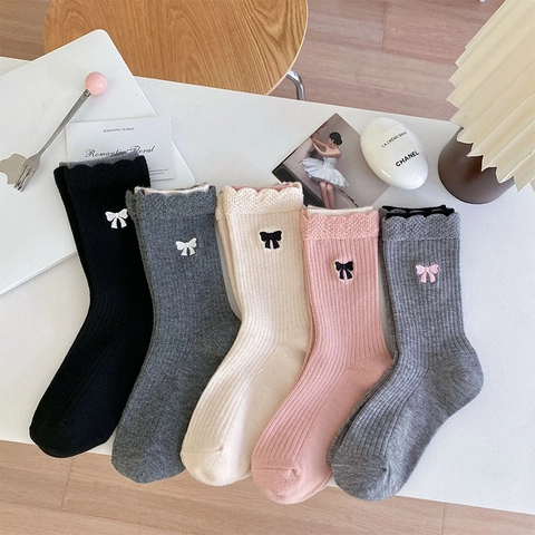 Women Japanese Sweet Style Crew Socks Soft Warm Thickened Ribbed Knit With Bow Embroidery And Ruffled Edge Lettuce Trim