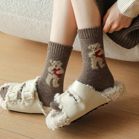 Calcetines Media Pantorrilla Mezcla De Lana Gruesos Cálidos Invierno Estampado Oso Corazón Punto Kawaii Mujer