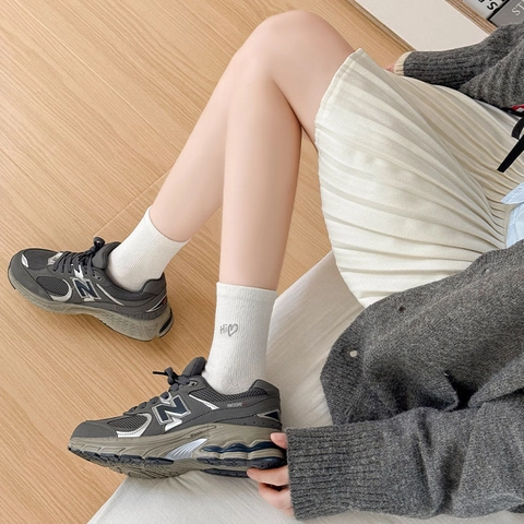 Calcetines Media Pierna Mujer Algodón Bordado Corazón Canalé Color Sólido Casual Estilo Japonés Moda Para Niñas