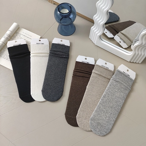 Calcetines Media Pantorrilla Para Mujer Algodón Acanalado Color Sólido Transpirable Casual Moda Suave Cálido
