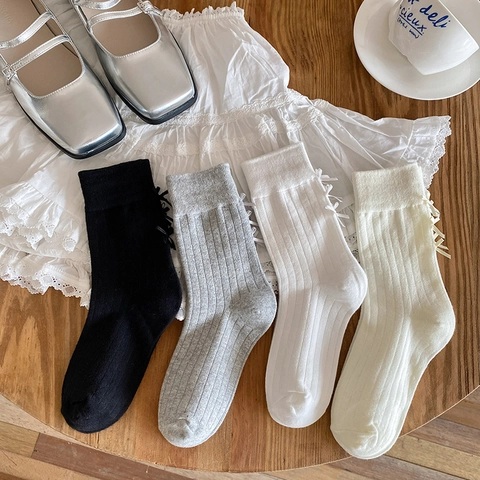Women Crew Socks Cotton Ribbed Ribbon Bow Tie Accent Ballet Style Lolita Sweet Solid Color Casual