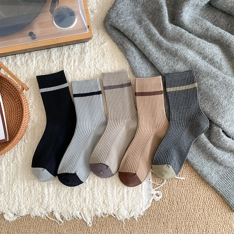 Calze A Metà Polpaccio Da Uomo Misto Cotone Maglia A Costine Righe Colore A Contrasto Retro Giapponese Calze Casual