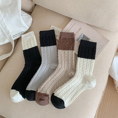 Calze Metà Polpaccio Donna Cotone Maglia A Trecce Blocchi Di Colore Patchwork Stile Retro Giapponese Minimalista Alla Moda