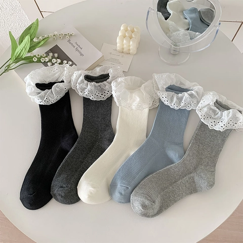 Women Mid-Calf Socks Cotton Ribbed Knit With White Lace Trim Ruffle Edge Lolita Japanese Sweet Style Solid Color