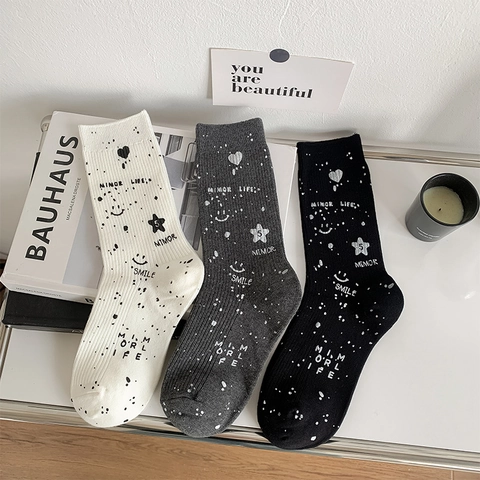 Calze A Metà Polpaccio Da Donna Cotone Pettinato Motivo Graffiti Cuore Stella Viso Sorridente Moda Casual Crew