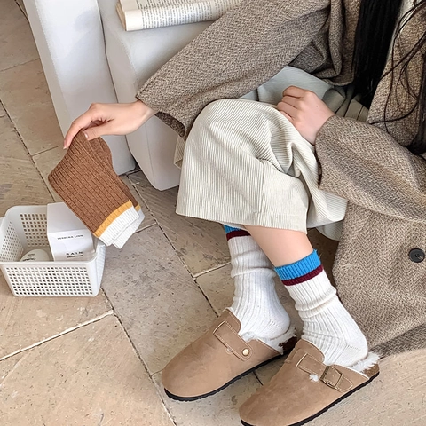 Calze Slouch Donna Misto Lana Spesse Calde Polpaccio Maglia A Coste Color Block Design Crew Socks Autunno