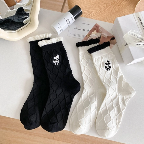 Damen Wadenhohe Socken Baumwollmischung Rautenmuster Rüschenbesatz Schleife Kunstperle Süßer Japanischer Stil