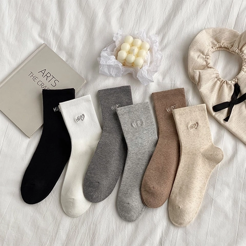Calcetines Media Pierna Mujer Algodón Bordado Corazón Canalé Color Sólido Casual Estilo Japonés Moda Para Niñas
