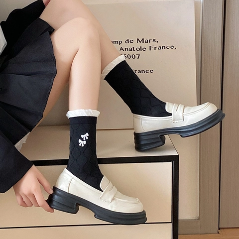 Damen Wadenhohe Socken Baumwollmischung Rautenmuster Rüschenbesatz Schleife Kunstperle Süßer Japanischer Stil