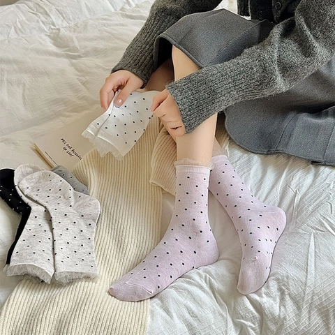 Women Crew Socks Cotton Polka Dot Pattern Lace Trim Mesh Ruffle Sweet Japanese Style Breathable Soft Daily Hosiery