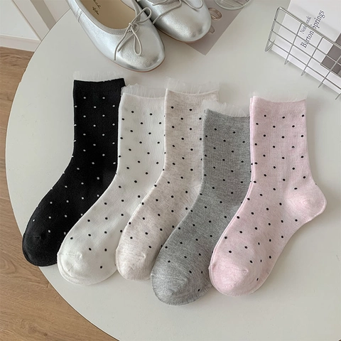 Women Crew Socks Cotton Polka Dot Pattern Lace Trim Mesh Ruffle Sweet Japanese Style Breathable Soft Daily Hosiery