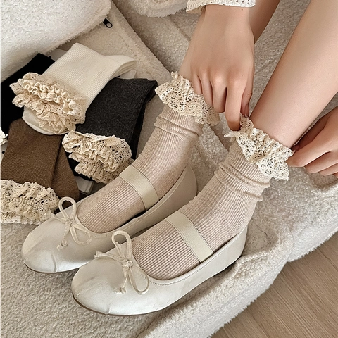 Calze Al Polpaccio Donna Cotone Costine Pizzo Dolce Stile Vintage Colore Solido Elegante Autunno Inverno Per Signore