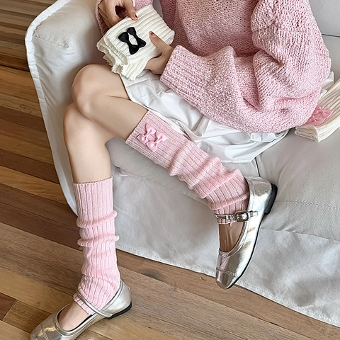 Jambières En Tricot Mélange Coton Décor Nœud Chaussettes Plissées Style Lolita JK Pour Femmes Filles Hiver Automne