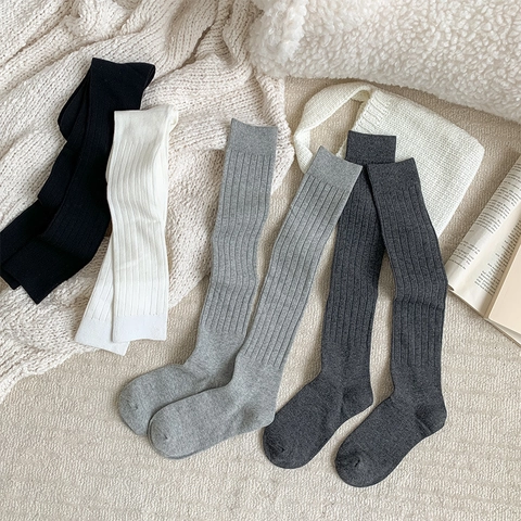 Women Calf Socks Cotton Ribbed Knit Vertical Stripe Slimming Japanese JK Academic Style Solid Color High Elasticity Long Tube