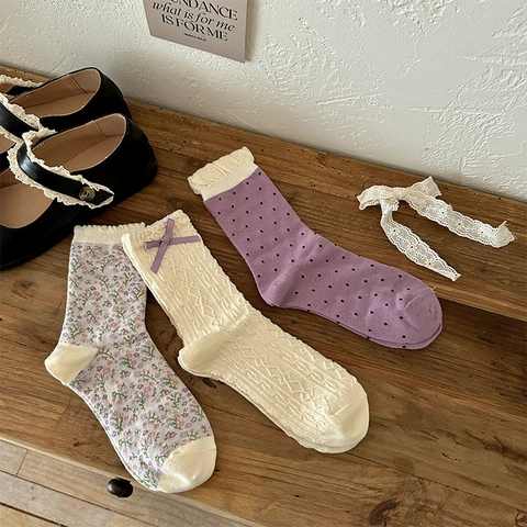 Chaussettes Mi-Mollet Femmes Coton Mélangé Dentelle Nœud Violet Motif Fleuri À Pois Bord À Volants Style Français Romantique