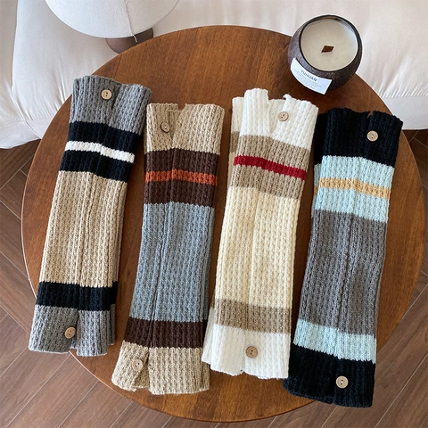Women Slouchy Leg Warmers Knitted Acrylic Striped Pattern Button Decor Japanese Style Winter Autumn Retro Accessory Girls