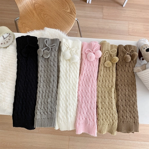 Scaldamuscoli In Maglia Da Donna Acrilico Trecce Caldo Spesso Stile Lolita JK Dolce Con Pompon Coulisse