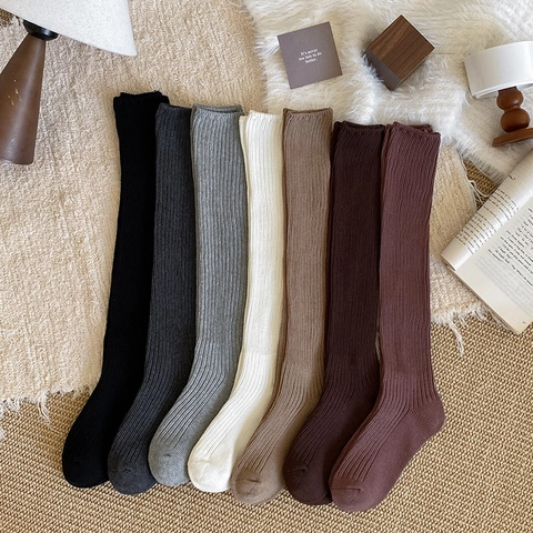 Chaussettes Hautes Au Genou En Tricot Côtelé De Coton Style Académie Japonaise Pour Femmes Élastiques Chaudes Couleur Unie
