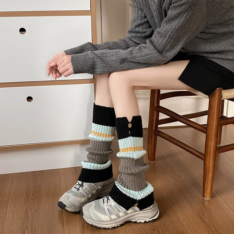 Women Slouchy Leg Warmers Knitted Acrylic Striped Pattern Button Decor Japanese Style Winter Autumn Retro Accessory Girls