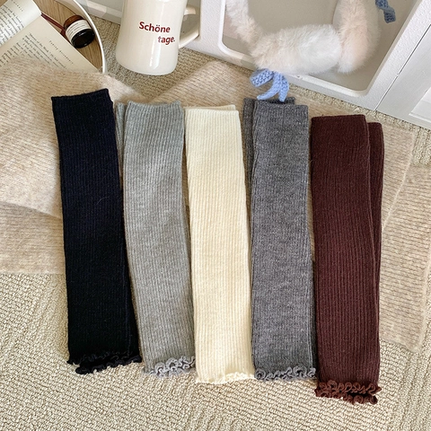 Scaldamuscoli Da Donna In Misto Lana Calze A Costine Calde Righe Verticali Bordo Con Volant Stile JK Autunno Inverno