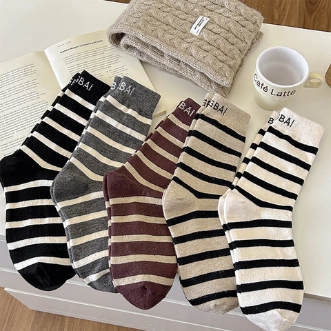 Women Wool Blend Crew Socks Striped Letter Embroidery Warm Thickened Knit Mid Calf Stockings Autumn Winter Style