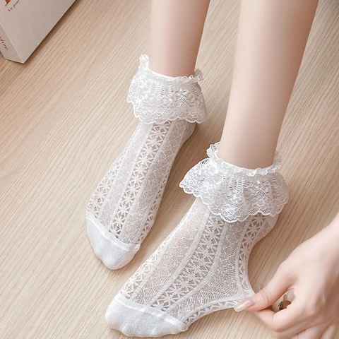 Damen Socken Mit Spitzenbesatz Lolita Baumwolle Hohlmasche Rüschen Schleife Japanischer JK-Stil Süß