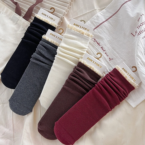 Women Cotton Crew Socks With Lace Trim Ribbed Solid Color Sweet Japanese JK Style Vintage Academy Casual