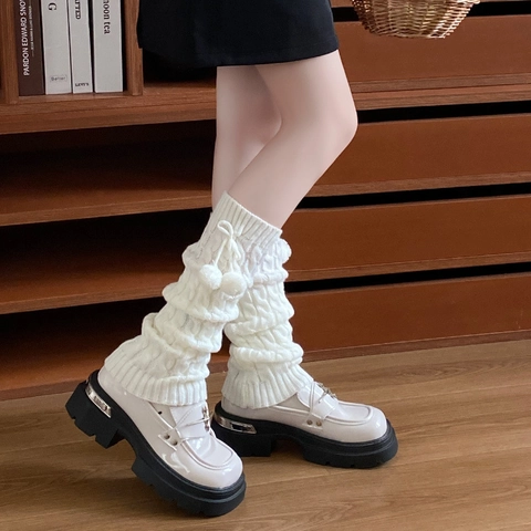 Scaldamuscoli In Maglia Da Donna Acrilico Trecce Caldo Spesso Stile Lolita JK Dolce Con Pompon Coulisse