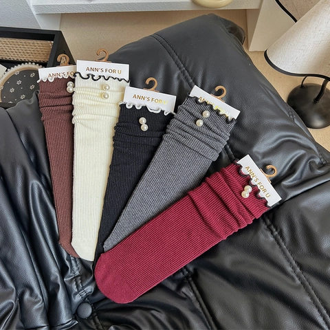 Women Mid Calf Socks Cotton Ribbed Artificial Pearl Decoration Ruffle Trim Japanese Style Lolita Vintage Sweet Accessory