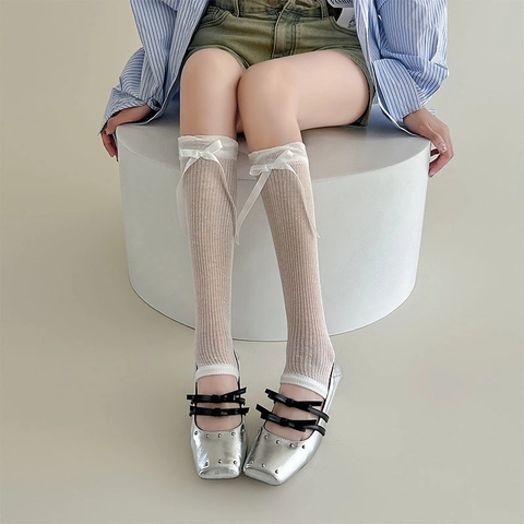 Calentadores De Piernas De Punto Acanalado Con Lazo De Cinta Delgados Transpirables Estilo Lolita JK Calcetines Largos Para Mujeres