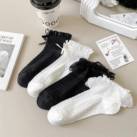 Damen Socken Mit Spitzenbesatz Lolita Baumwolle Hohlmasche Rüschen Schleife Japanischer JK-Stil Süß