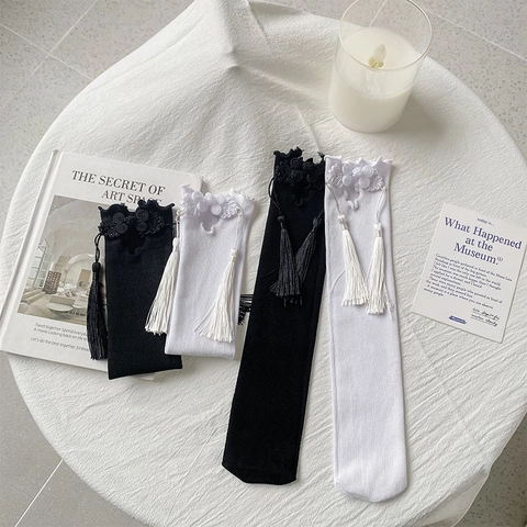 Women Mid Calf Socks Cotton Blend Hollow Lace Trim Frog Button Long Tassel Sweet Chinese Style Retro Decorative