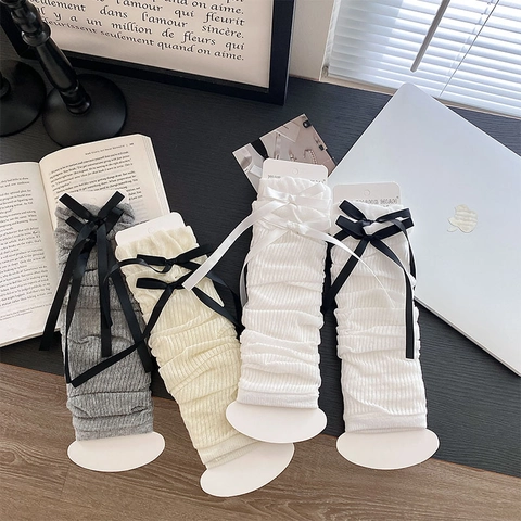 Calentadores De Piernas De Punto Acanalado Con Lazo De Cinta Delgados Transpirables Estilo Lolita JK Calcetines Largos Para Mujeres