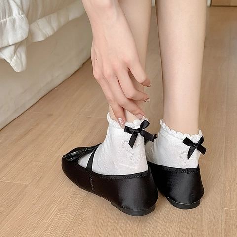 Chaussettes Lolita Douces En Coton Pour Femmes Avec Nœud En Satin Bordure À Volants Motif Papillon Jacquard Style JK