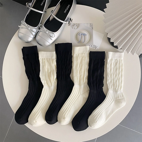 Calcetines Media Pierna Mujer Algodón Transpirable Malla Canalé Estilo Slouchy Color Sólido Accesorio Moda Academy