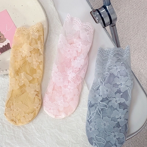 Damen Socken Spitze Floral Netz Unsichtbare Füßlinge Atmungsaktiv Wellenkante Japanischer Stil