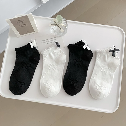 Chaussettes Lolita Douces En Coton Pour Femmes Avec Nœud En Satin Bordure À Volants Motif Papillon Jacquard Style JK