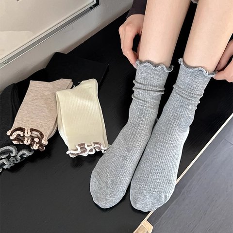 Ribbed Knit Crew Socks With Ruffle Trim Cotton Blend Breathable Soft Japanese Style Solid Color For Women