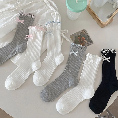 Women Mid-Calf Socks Lettuce Edge Ribbon Bow Ribbed Cotton Soft Sweet Balletcore Lolita Style