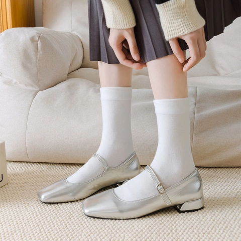 Women Mid Calf Socks Cotton Blend Breathable Solid Color Japanese Style Elastic Casual Hosiery