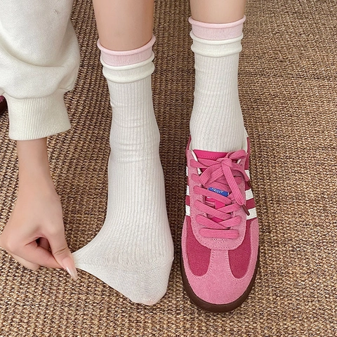Calze Donna Misto Cotone Maglia A Coste Doppio Strato Bordo Arrotolato Contrasto Stile Giapponese Balletto Moda Al Polpaccio