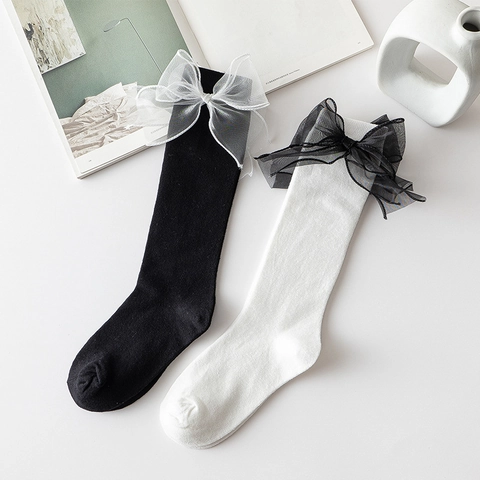 Calcetines Altos Mujer Mezcla Algodón Estilo Lolita JK Dulce Lazo De Malla Decorativo Media Pierna Color Sólido
