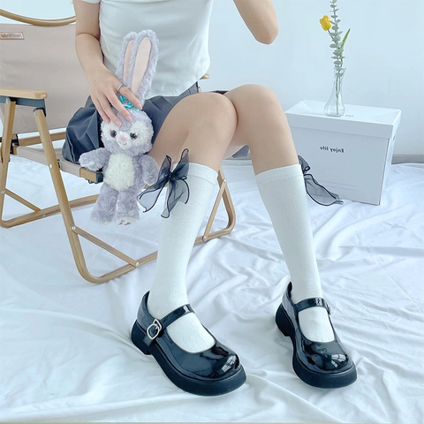 Calcetines Altos Mujer Mezcla Algodón Estilo Lolita JK Dulce Lazo De Malla Decorativo Media Pierna Color Sólido