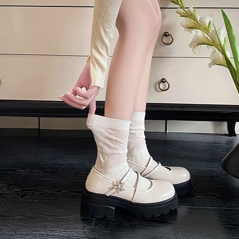 Calcetines Media Pierna Mujer Algodón Transpirable Malla Canalé Estilo Slouchy Color Sólido Accesorio Moda Academy