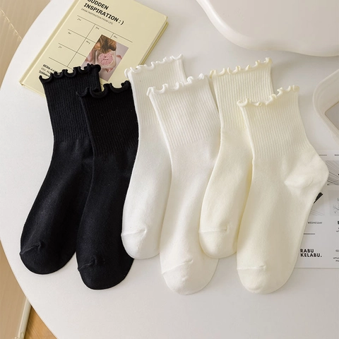 Women Mid Calf Socks Cotton Blend Lettuce Edge Ruffle Trim Ribbed Knit Sweet JK Style Vintage Minimalist Solid Color