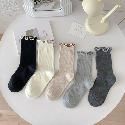 Ribbed Knit Crew Socks With Ruffle Trim Cotton Blend Breathable Soft Japanese Style Solid Color For Women