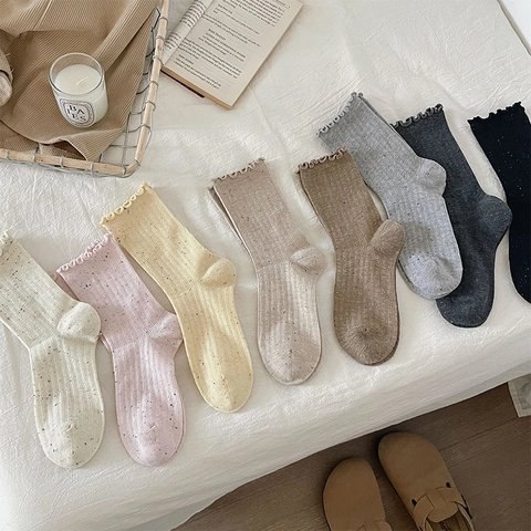 Ruffle Edge Socks Women Cotton Blend Mid Calf Length Colorful Speckled Ribbed Japanese Style Sweet