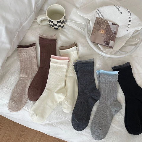 Calze Donna Misto Cotone Maglia A Coste Doppio Strato Bordo Arrotolato Contrasto Stile Giapponese Balletto Moda Al Polpaccio