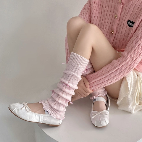 Women Knit Leg Warmers Acrylic Sweet Ribbon Bow Ruffle Trim Balletcore Lolita Style Solid Color Cozy Socks
