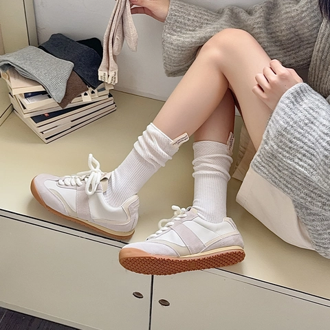 Women Mid Tube Slouch Socks Chunky Knit Cotton Ribbed Solid Color Cloth Label Japanese Preppy Style Casual